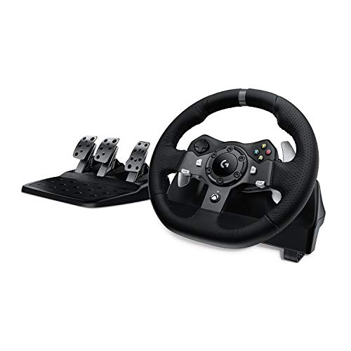 Logitech G920 Driving Force Volante de Carreras y Pedales, Force Feedback, Aluminio Anodizado, Palancas de cambio, Volante de Cuero, Pedales Ajustables, Enchufe EU, Xbox One/PC/Mac, Negro