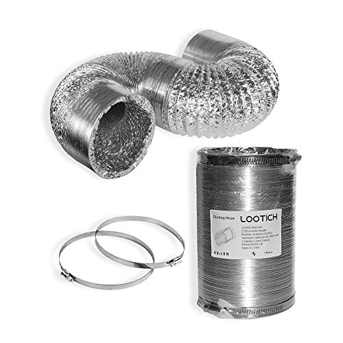 LOOTICH Tubo Flexible de Aluminio Ø100mm Longitud 2.5m para Conducto de Aire de Ventilación Sistemas con 2 Abrazaderas de Acero