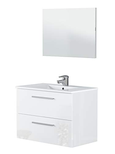 Miroytengo Mueble Lavabo Colgante para baño Aseo de 2 cajones en Color Blanco Brillo con Espejo y LAVAMANOS CERÁMICO Incluido 80x45x57 cm