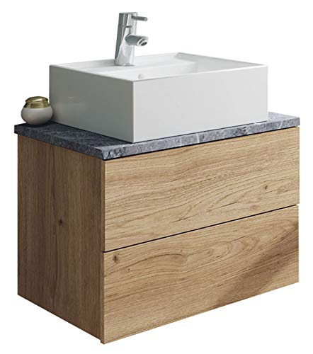 Mueble baño Moderno imitación mármol Color Roble con Lavabo encimera cerámico 60x45 Sin Espejo