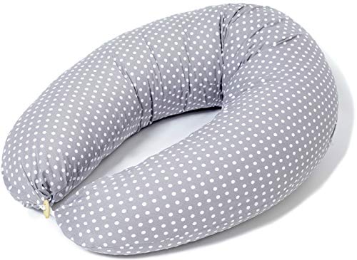 Niimo Almohada Embarazo Dormir y Cojin Lactancia Bebe Multifuncion Funda Cojin 100% Algodon Desenfundable y Lavable Relleno de Poliester Multiusos Maternidad (Alpha, Gris - Lunares Blancos)