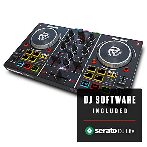 Numark Party Mix - Controlador de DJ plug-and-play de 2 canales para Serato DJ Lite con interfaz de audio incorporada, controles de pad, crossfader, jogwheels y pantalla