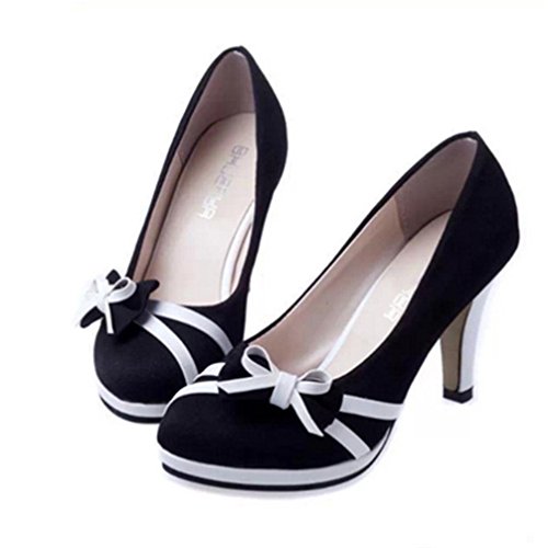 ¡Oferta de liquidación! Zapatos de tacón redondo de moda de primavera de Covermason para mujer Zapatos de tacón alto bajo Bowknot(38 EU, Negro)