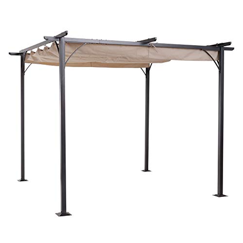 Outsunny Pérgola de Metal 3x3m Gazebo Cenador para Jardín Patio o Terraza con Techo Retráctil Tela Poliéster Resistente al Agua y UV