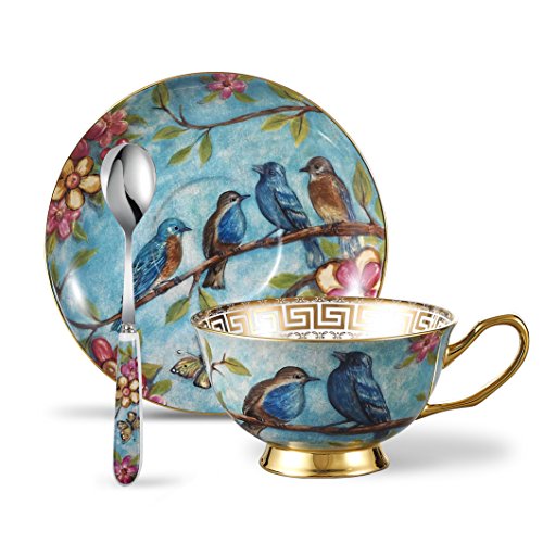 Panbado Tazas de Café de China de Hueso, 200ml, Juego de Café de Porcelana Blanca y Translúcida Tazas de Té para Hogar, Oficina, Restaurante, Regalo para Cumpleaños, Festival - Flores y Pájaros, Azúl