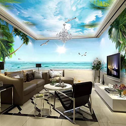 Papel tapiz, papel tapiz: mural personalizado, cielo azul, nubes blancas, playa, vista al mar, 3D, sala de estar completa, fondo, hotel, apartamento papel pintado a papel pintado pared -400cm×280cm