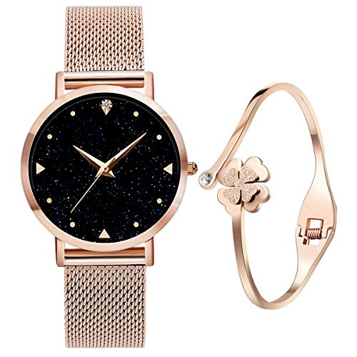 Relojes de Cuarzo analógicos para mujer niña de Agua 3ATM con Correa de Malla de Acero Inoxidable en Oro Rosa, Reloj de Pulsera con Elegante Esfera Azul y Cielo Estrellado Relojes de Cuarzo analógicos para mujer niña de Agua 3ATM con Correa de Malla de Acero Inoxidable en Oro Rosa, Reloj de Pulsera con Elegante Esfera Azul y Cielo Estrellado