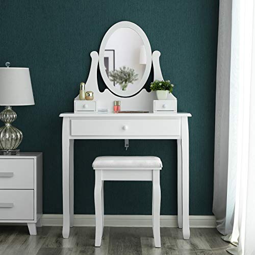 SONGMICS Tocador con cajones, Espejo y Taburete Mesa de Maquillaje Blanco RDT002 SONGMICS Tocador con cajones, Espejo y Taburete Mesa de Maquillaje Blanco RDT002