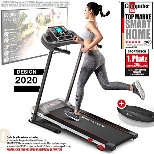 Sportstech F10 Cinta de Correr Modelo 2020 - Marca de Calidad Alemana + Video Eventos y App multijugador - Nueva Consola - | 1HP a 10 km/h | Cinta de Andar con 13 programas, inclinable + Plegable