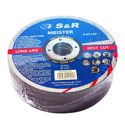 S&R 25 Discos de corte 125 Metal y Acero INOX .Set de 25 discos 125x 1 mm A60 S-BF para amoladora ángular S&R 25 Discos de corte 125 Metal y Acero INOX .Set de 25 discos 125x 1 mm A60 S-BF para amoladora ángular