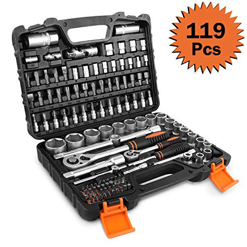 TACKLIFE Juego de Llaves de Vaso, Profesionales, 119 Piezas, Llave de Carraca Reversible de 1/2"y 1/4", Manija Giratoria, Barra de Extensión, Kit de Herramientas Mecánicas para el Auto - SWS5A TACKLIFE Juego de Llaves de Vaso, Profesionales, 119 Piezas, Llave de Carraca Reversible de 1/2"y 1/4", Manija Giratoria, Barra de Extensión, Kit de Herramientas Mecánicas para el Auto - SWS5A