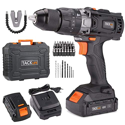TACKLIFE Taladro Atornillador 18 V, 2 Velocidades Taladro con Percusión a Batería, 2 Baterías de Litio (2.0Ah), 13 mm Portabrocas Automatico 35N.m Par Máximo, 1H Carga Rápida, 43 PCS Gratis, PCD04B TACKLIFE Taladro Atornillador 18 V, 2 Velocidades Taladro con Percusión a Batería, 2 Baterías de Litio (2.0Ah), 13 mm Portabrocas Automatico 35N.m Par Máximo, 1H Carga Rápida, 43 PCS Gratis, PCD04B