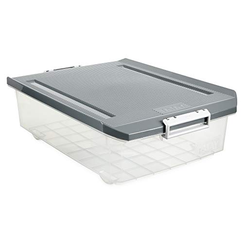 Tatay 1151222 Caja de Almacenamiento Multiusos Bajo Cama con Tapa, 32 l de Capacidad, Plástico Polipropileno Libre de BPA, Transparente con Tapa Gris, 40 x 56 x 17,5 cm