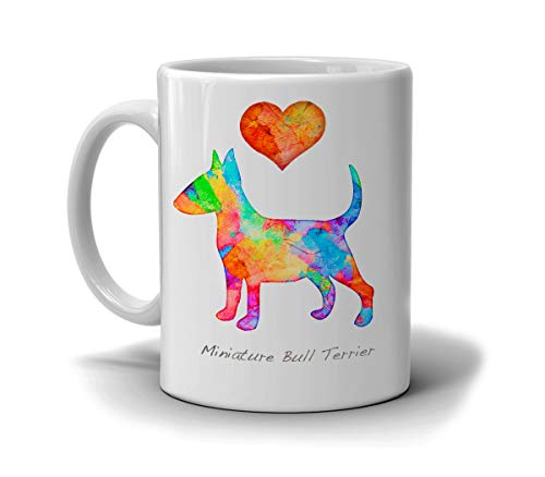 Taza en miniatura de Bull Terrier con diseño de raza de perro en acuarela personalizada, opciones personalizadas para añadir nombre a perros en la memoria de amor, taza blanca hecha a pedido