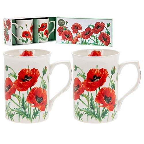 The Leonardo Collection Wild Poppy - Juego de 2 tazas en caja de presentación, porcelana fina, diseño floral, en caja de regalo