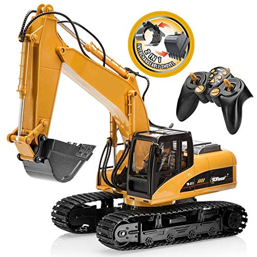 TopRace 15 Canales Completo de Control Remoto Funcional Excavator Construction Tractor, Excavadora de Juguete con 2.4Ghz Transmitter 2 en 1 con Pala Intercambiable TR-215/211