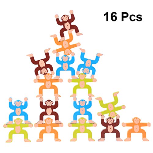 TOYANDONA 16 Piezas de Juego de Apilamiento de Madera Equilibrio Mono Bloques Coloridos Bloques de Construcción Juguetes para Niños Pequeños Adultos (Color Variado)