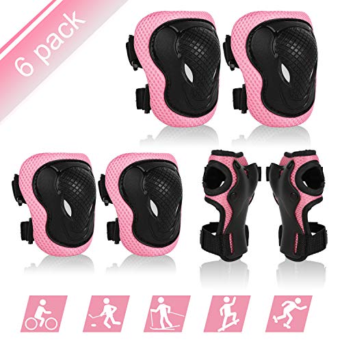 ValuTalks Set Rodilleras y Coderas Infantil,Protección Skate Infantil Rodilleras Coderas Muñequeras para Patinaje Ciclismo Monopatín Bicicleta Skate(Rosa，6pcs)