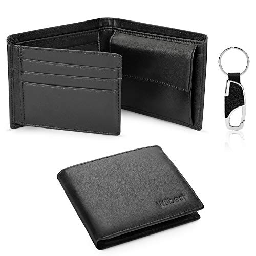 Wilbest® Negro Billeteras Hombre, Cartera de Piel, Carteras Hombre Cuero, Tarjetas de Crédito Slim Moda RFID Bloqueo Monedero de Cuero (+Botones de Llaves) Cuero Hecho a Mano