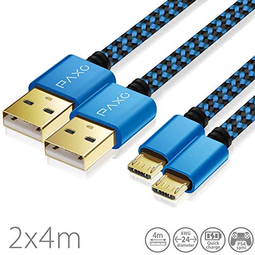 2X 4m de Cable de Carga de Nylon PS4 para el Controlador de la Playstation 4, Cable Micro USB, Cable de Carga Micro USB, Micro USB, Funda de Tela, Enchufe de Aluminio, Azul-Negro