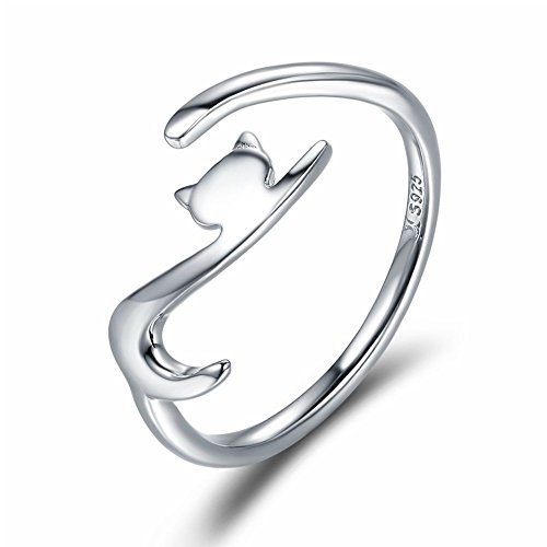 Anillo de plata esterlina Qings 925, Ajustable Abierto Gato Estilo anillo Joyería de moda para Chica adolescente regalo tamaños universales