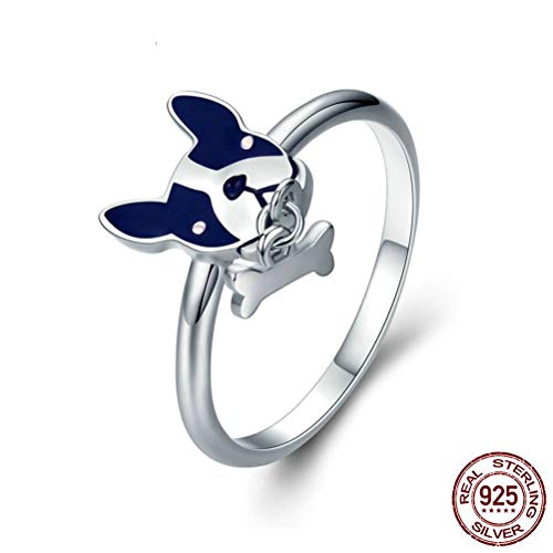 Anillo Plata Ley 925 Mujer, Esmalte Azul Colgante Hueso Bulldog Francés Hembra Novedad Dedo Anillos Para Mujer Chica, Aniversario De Boda Compromiso Eternidad Joyeria Nupcial Regalo Festival