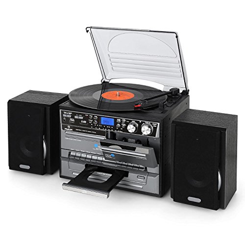 Auna TC-386 - Equipo de música Tocadiscos, Minicadena Hi-fi, Radiocasete, Altavoces estéreo, Reproductor de CD, Compatible MP3, Digitalizador USB, Ranura SD, Radio FM, Control Remoto, Negro