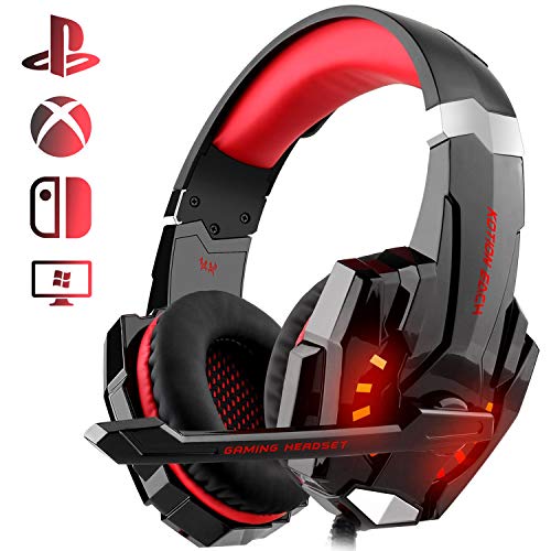 Auriculares Gaming PS4, Galopar Cascos Gaming, Premium Stereo con Microfono Gaming Headset con 3.5mm Jack para PC/Xbox One/Móvil - con Gancho y 2 x Cable de Extensión-Rojo