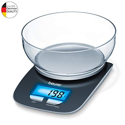 Beurer KS 25 Balanza de cocina con bol transparente, función auto-tara, 3 kg/1 gr, pantalla LCD azul (6.6 x 2.8 cm), altura pantalla 2.2 cm, color negro plata