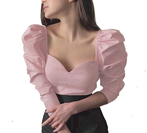Blusa Mujer Primavera Otoño Color Sólido Top Sexy con Cuello Cuadrado y Manga Larga de Soplo Camisa Vintage Casual (Rosa, S)