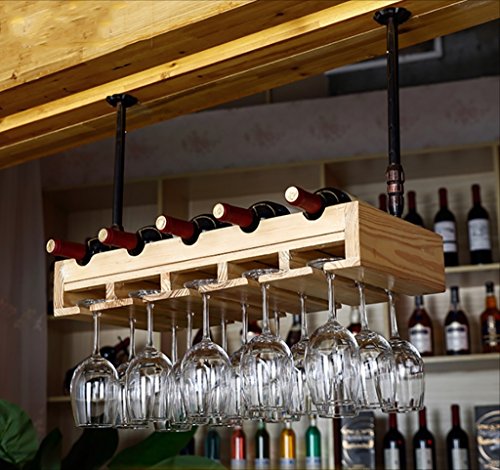 Botelleros Bar suspensión Barra de Bar Estante del Vino Restaurante Hogar Copas de Vino Estante invertido Retro Arte de Hierro + Madera Maciza Bastidores de Vino Techo botelleros de Vino