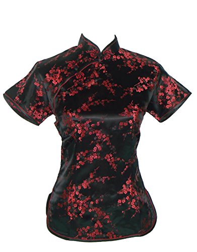 Camisa de estilo chino tradicional, de manga corta, negra y rojo oscuro, con motivos de cerezas Black & Burgundy