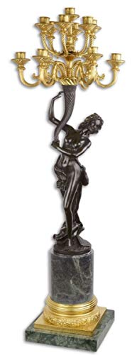 Casa Padrino candelabro Barroco Mujer Mirando a la Izquierda Negro/Oro/Verde 37 x 32.4 x H. 108 cm - Magnífico Candelabro de Bronce de 13 Llamas con Base de Mármol