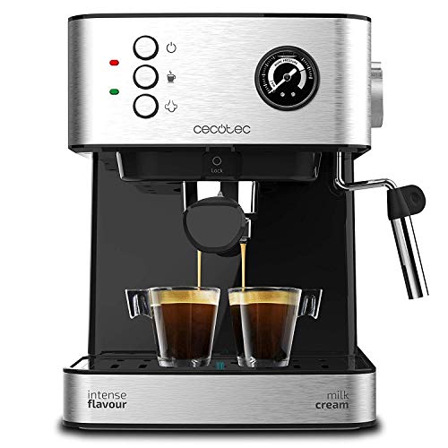 Cecotec Power Espresso 20 Professionale Cafetera. 20 Bares, Manómetro, Depósito de 1,5L, Brazo Doble Salida, Vaporizador, Superficie Calientatazas, Acabados en Acero Inoxidable, 850W