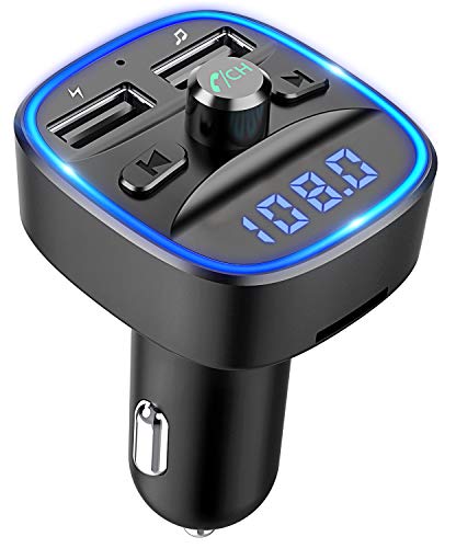 Cocoda Transmisor FM Bluetooth, [Luz de Anillo Azul] Manos Libres para Coche, Inalámbrico Reproductor MP3 Mechero Coche Adaptador Receptor con Dual USB 5V/2.4A & 1A, Soporte Tarjetas SD + U Disk