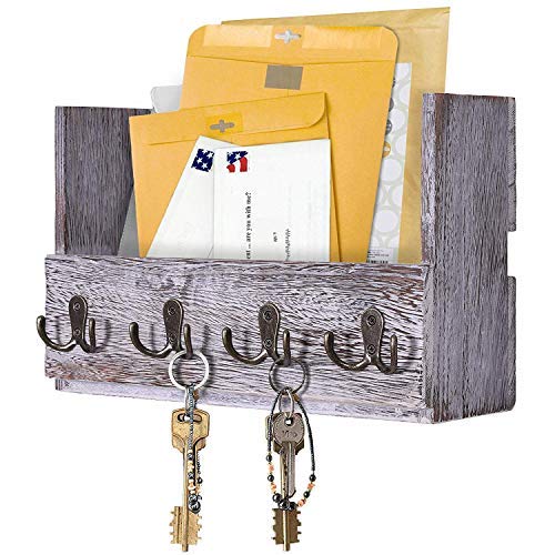 Comfify Organizador de madera para correo de montaje en pared - Organizador rústico para pared - Porta revistas con 4 ganchos de doble llave, Decorador de pared rústico de color blanco para la entrada