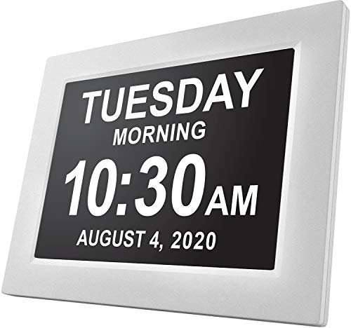 Day Clock - Reloj Digital Grande, Sin Abreviaturas, Para Ancianos y Pacientes con Demencia - 5 Opciones de Alarmas y Recordatorios de Medicamentos - 1 Año de Garantia (blanco)