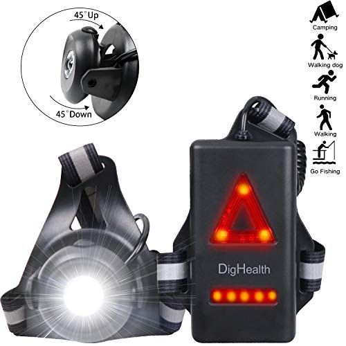 DigHealth Luz para Correr, 3 Modos LED Luz de Pecho Impermeabl con Luz de Advertencia de Seguridad Trasera, Recargable USB, 90° Haz Ajustable para Cámping Excursionismo Corriendo Ciclismo Trotar