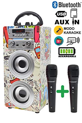 DYNASONIC - Altavoz Bluetooth Portatil Karaoke con 2 Micrófonos Incluidos | Lector USB y SD, Radio FM Modelo 025 (Modelo 2, 2 Micrófonos)
