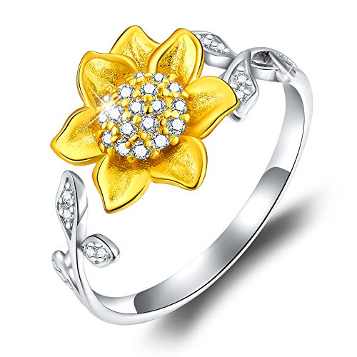 Esberry Anillo de Plata de Ley 925 Chapado en Oro de 18 Quilates con diseño de Girasol en 3D, con Forma de Flor, Ajustable, para Mujeres y niñas