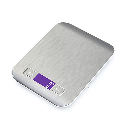 GPISEN Smart Digital Báscula con Pantalla LCD para Cocina de Acero Inoxidable, 5kg/11lbs, Balanza de Alimentos Multifuncional,Color Plata,(2 Baterías Incluidas)