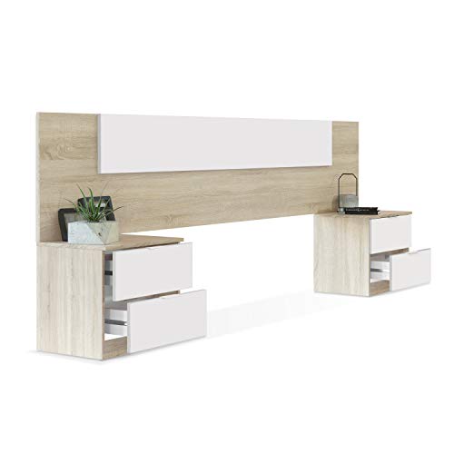 Habitdesign 016075F - Cabezal y mesitas de Noche, cabecero Acabado en Color Roble Canadian y Blanco Artik, Medidas: 247 x 95 x 38 cm de Fondo Habitdesign 016075F - Cabezal y mesitas de Noche, cabecero Acabado en Color Roble Canadian y Blanco Artik, Medidas: 247 x 95 x 38 cm de Fondo