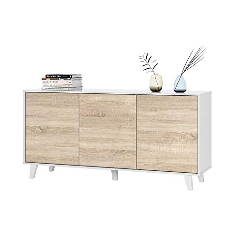 Habitdesign 0F6638BO - Aparador Buffet salón Comedor 3 Puertas, Color Blanco Brillo y Roble Canadian, Medidas: 154 x 75 x 41 cm de Fondo