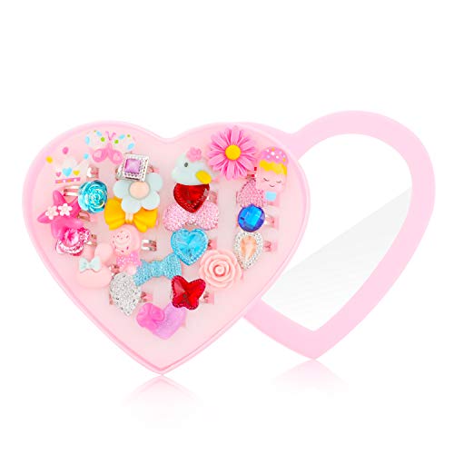 Hifot Anillos niñas 24 Piezas, Ajustables Princesa Joyas Anillos de Dedo con Caja en Forma de corazón, fingir Jugar y Vestir Anillos para niñas pequeñas