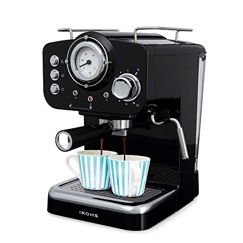 IKOHS THERA Retro - Cafetera Express para Espresso y Cappucino, 1100W, 15 Bares, Vaporizador Orientable, capacidad 1.25l, Café Molido y Monodosis, Con Doble Salida (Negro)