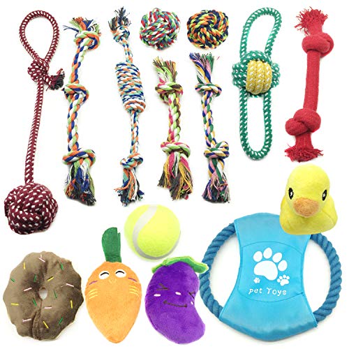 Juguetes para Perros, PietyPet Juguetes de Cuerdas y Juguetes de peluche con sonido, Frisbees Juguetes para morder, Pelotas Juguetes interactivos para Pequeñas y Medianas Perros, 15 Piezas