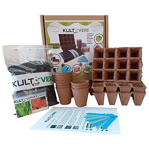 KULTIVERI Set de Cultivo de Lechugas y Tomates de 35 Piezas: Macetas y Semilleros de Germinación Biodegradables. CREA tu Propio Huerto en Casa.