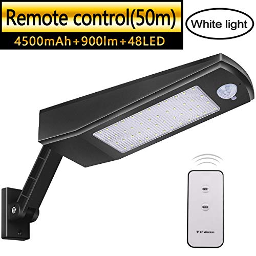 Luz Solar 48 LED 4500mAh 900lm IP65 Impermeable Luces de Seguridad al Aire Libre con Soporte y Control Remoto, Sensor de Movimiento Infrarrojo 120° Focos Solares Exterior Para Jardín (Luz blanca)