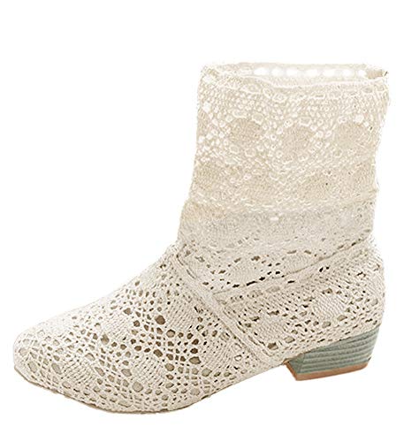 Minetom Mujer Verano Otoño Sandalias de Cuña Platform Tobillo Boots Respirable Encaje Hueco Redonda Toe Zapatos Botas Blanco EU 38