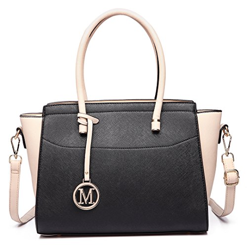 Miss Lulu Grande Bolso de Mujer de Moda Bolso de Mano Hombro en Imitacion Piel (Negro/Beige)